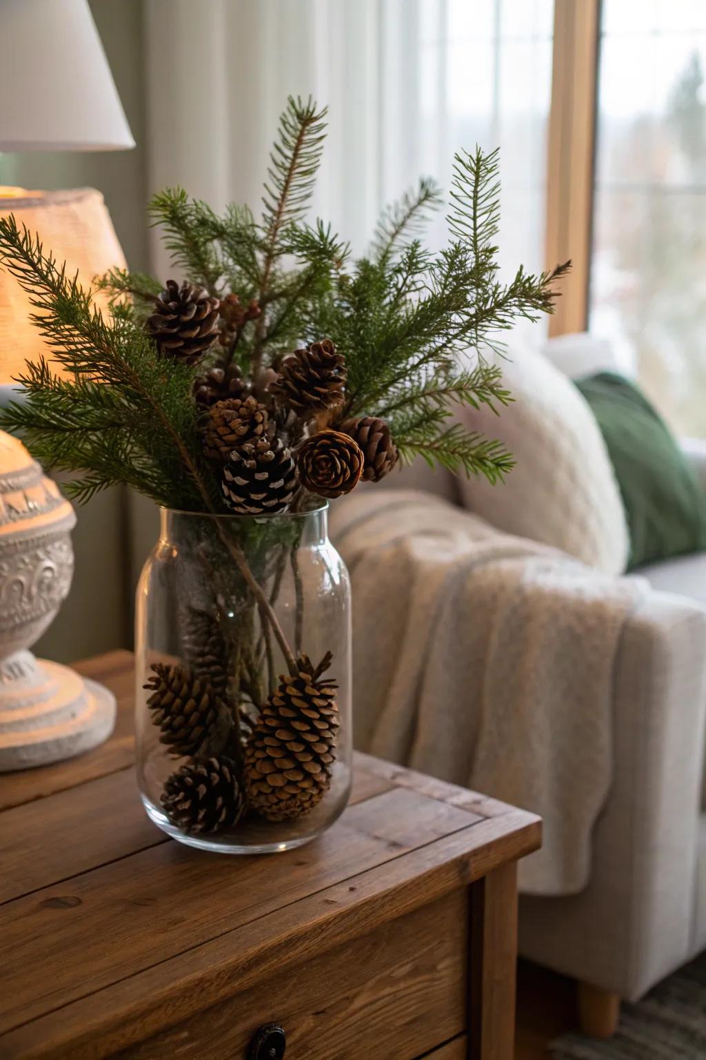 Inherent grace: pinecones and verdant accents establish a welcoming Yuletide atmosphere.