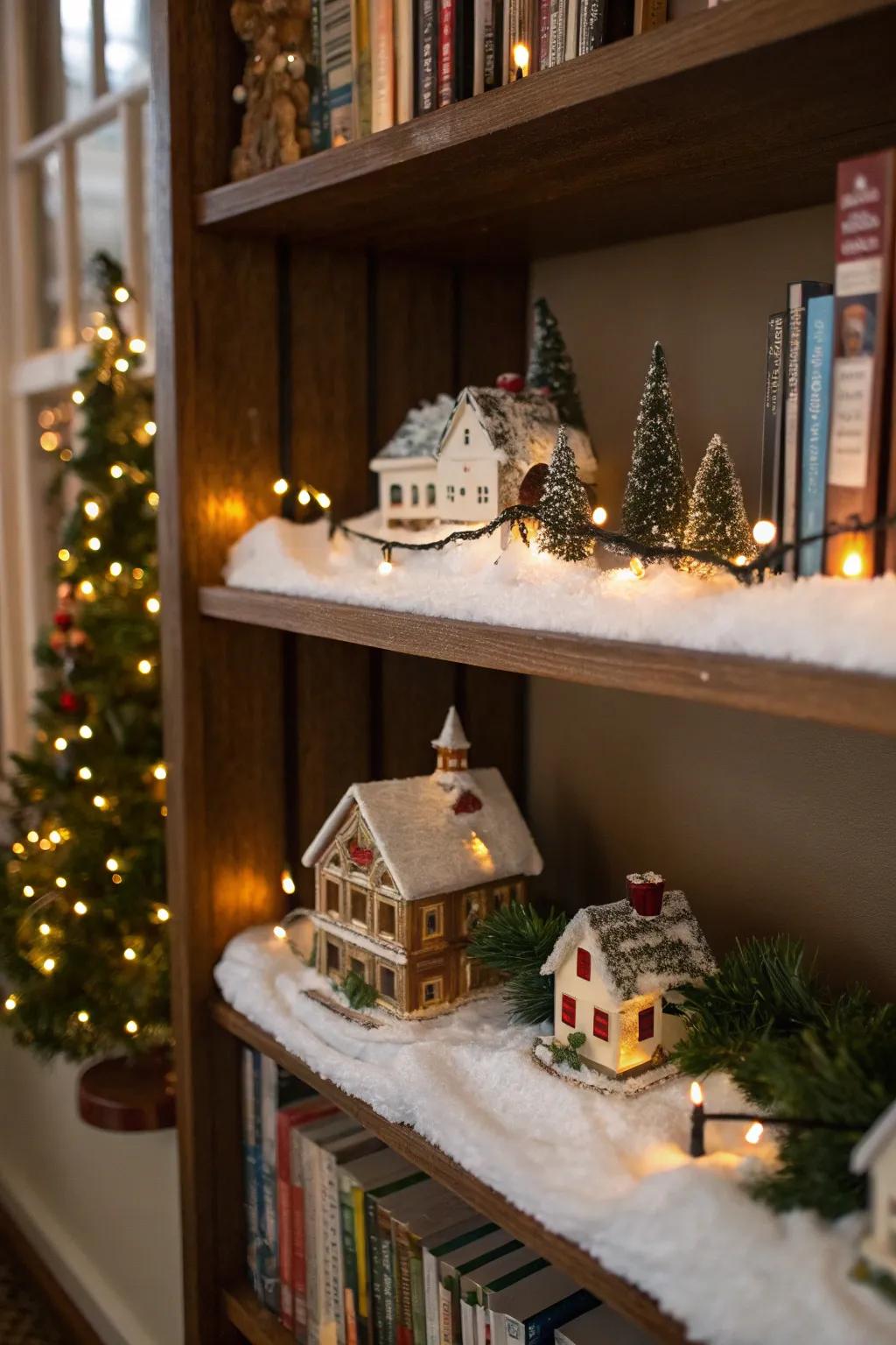 A bookshelf morphs into a captivating, tiered Christmas village.