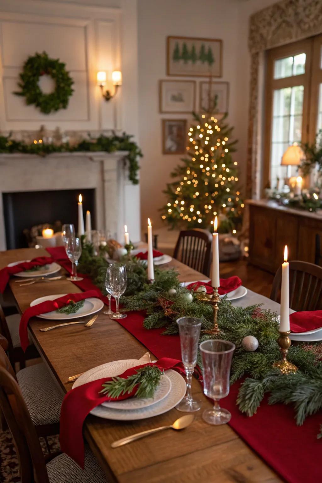 Classic red and green elegance creates a festive table ambiance.