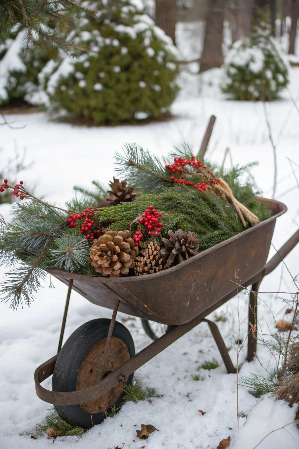 A wheelbarrow garden celebrating the season with evergreens and berries.