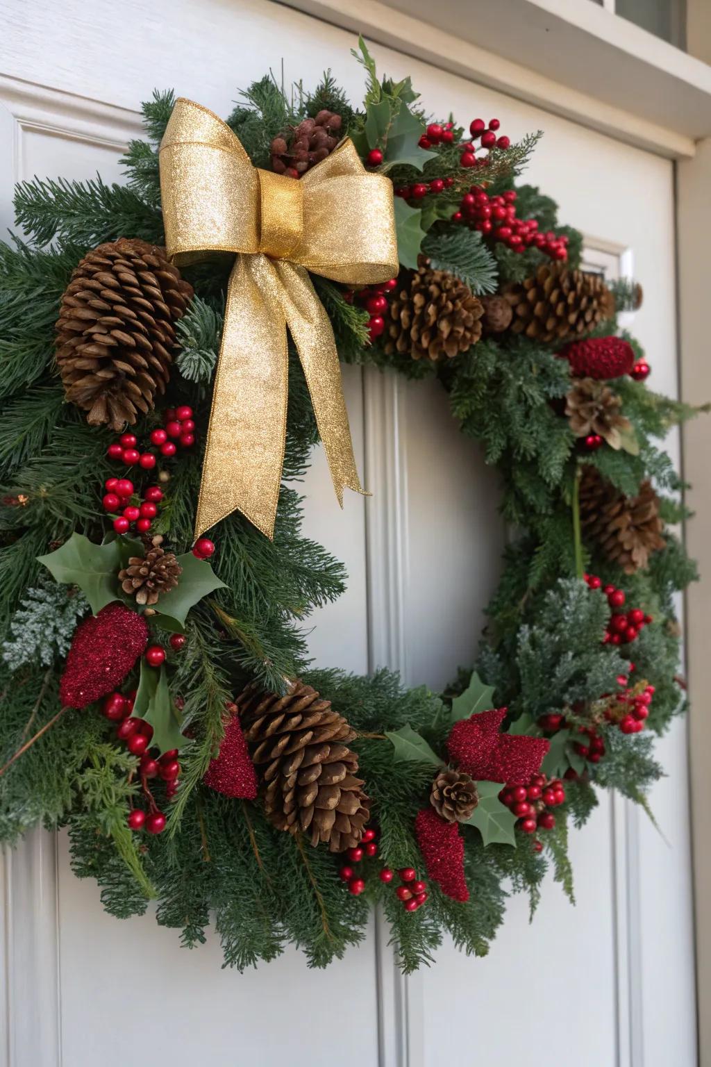 A timeless Christmas wreath in red and green, accented with holly and a shimmering golden bow.