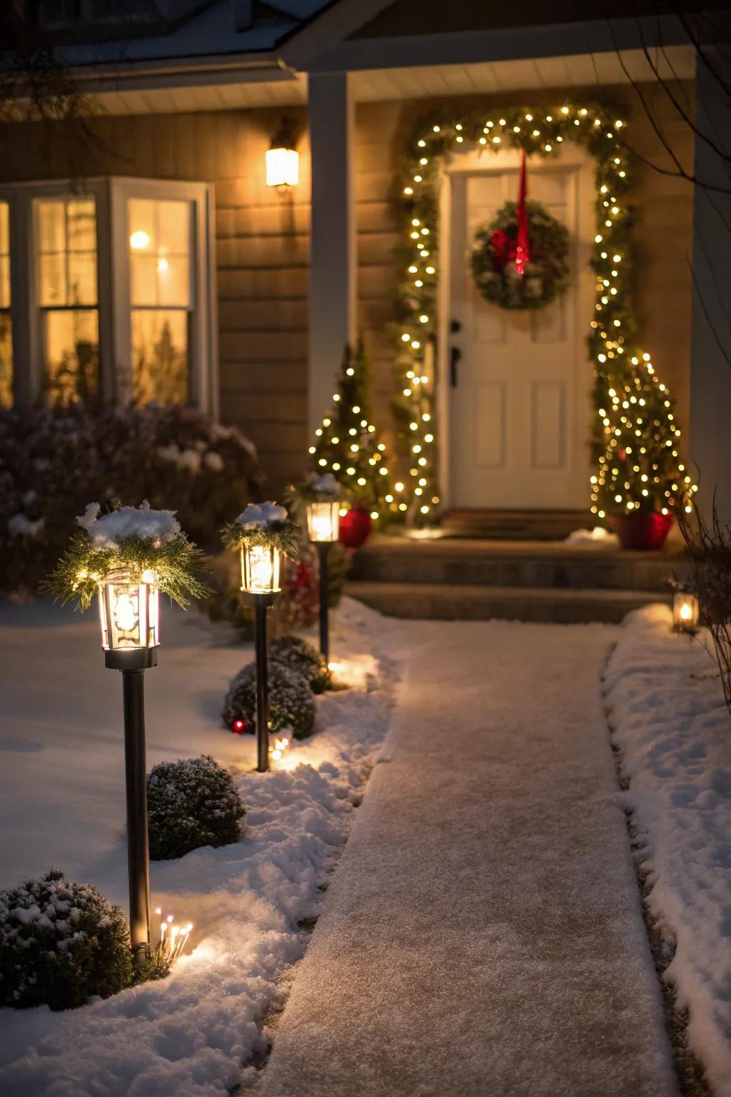A path aglow with seasonal stake lights, leading to an inviting entrance.