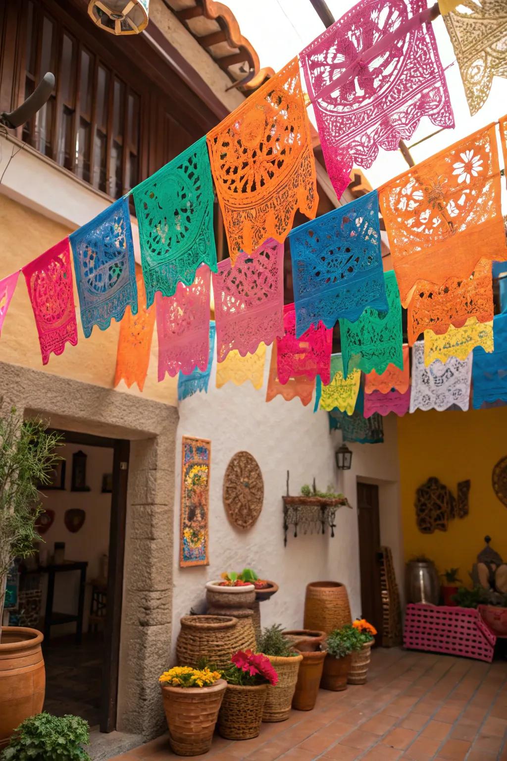 Bright papercut banners give a festive ambiance to any Cinco de Mayo gathering.