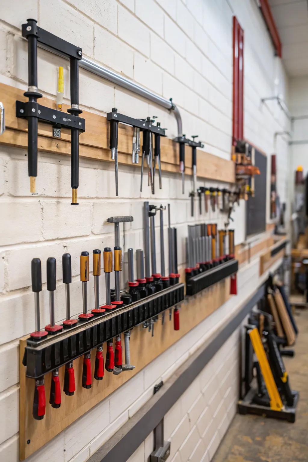 Upright storage through wall-mounted racks ensures clamps are always easily accessible.