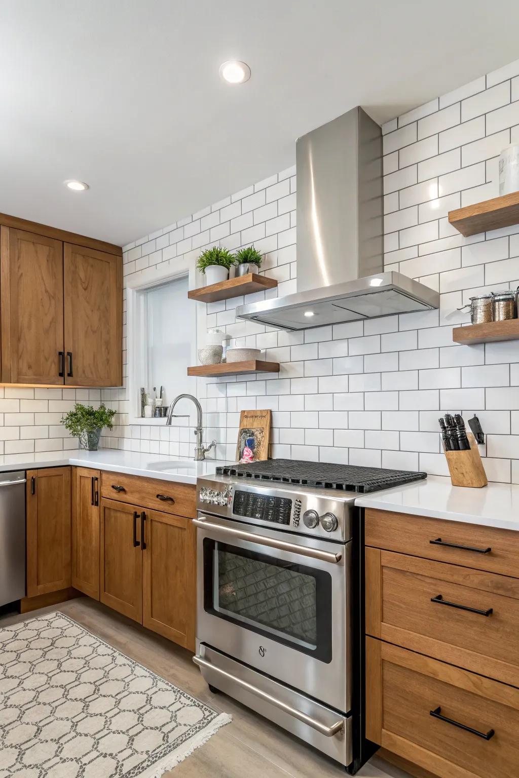 A timeless kitchen featuring a classic metro-style backsplash in white.