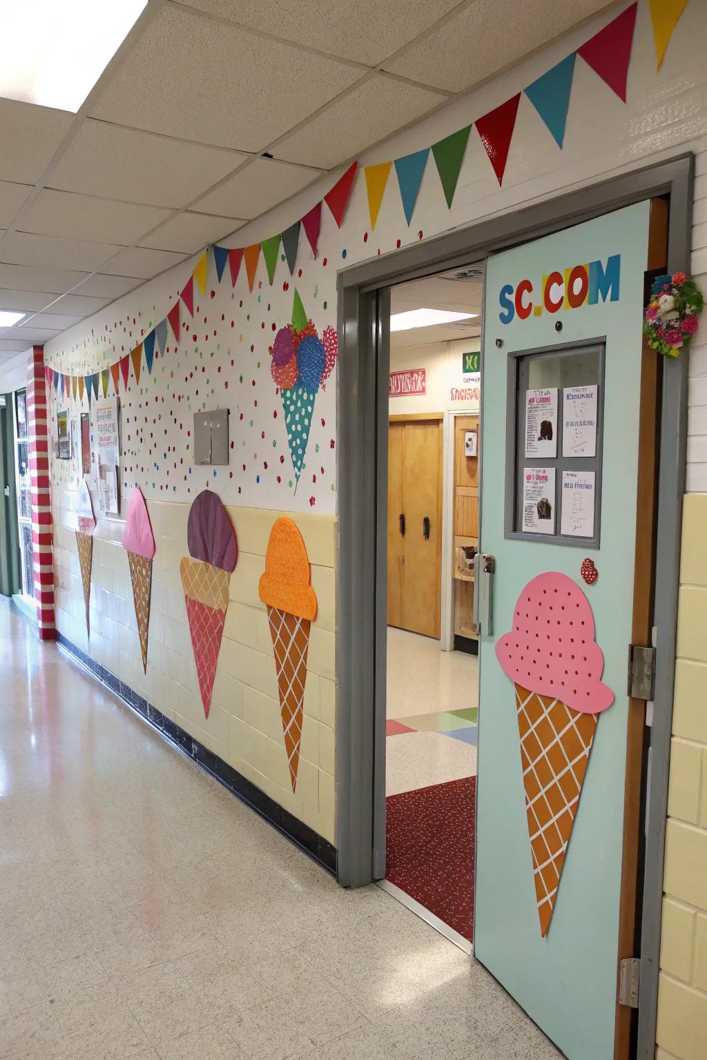 Classroom door metamorphosed into a gelato shop showcasing radiant delights.