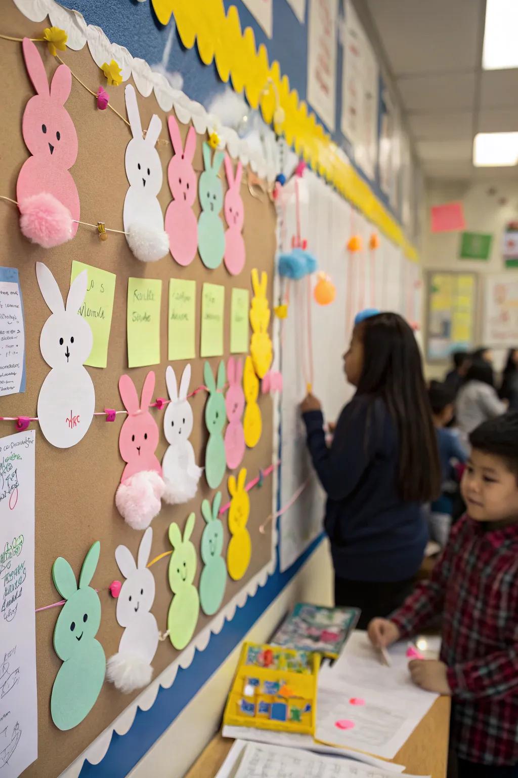 An adorable bunny-themed bulletin board perfect for spring celebrations.