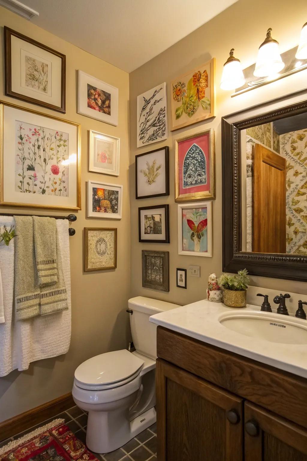 A bathroom displaying a showcase of diverse art designs and frame styles.