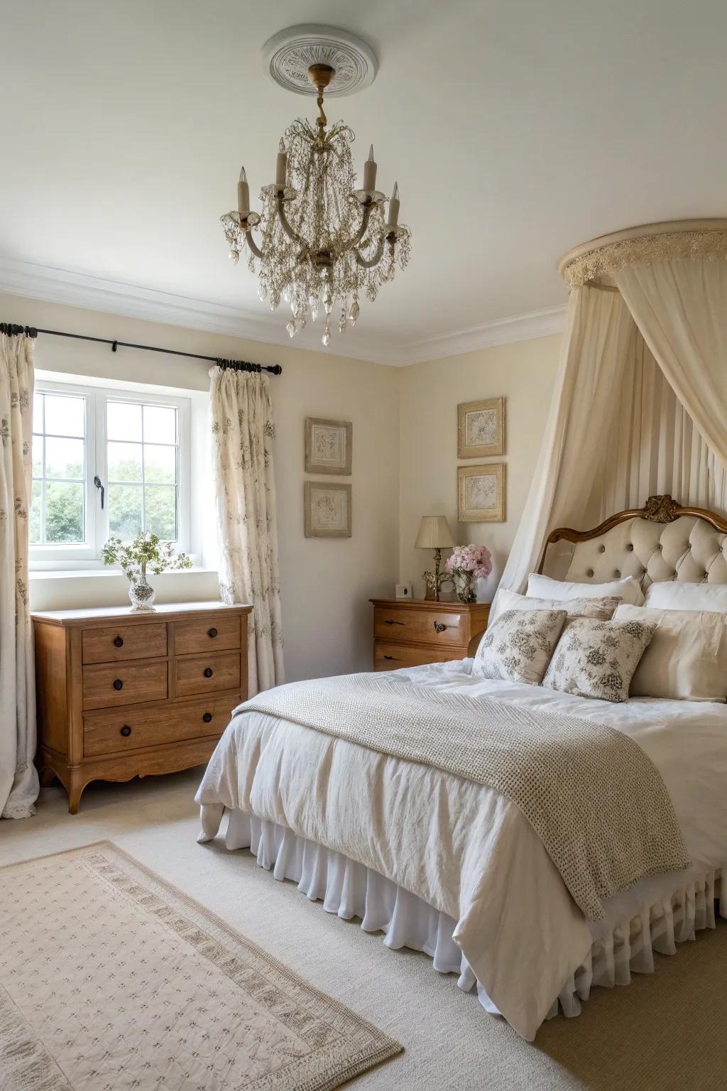 A peaceful bedroom showcasing a soothing quiet color scheme.