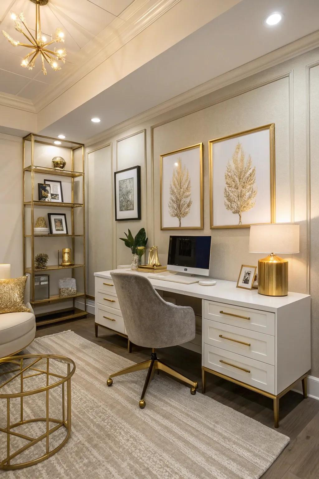 A neutral color scheme highlighted with golden accents elevates the sophistication of a leadership office.