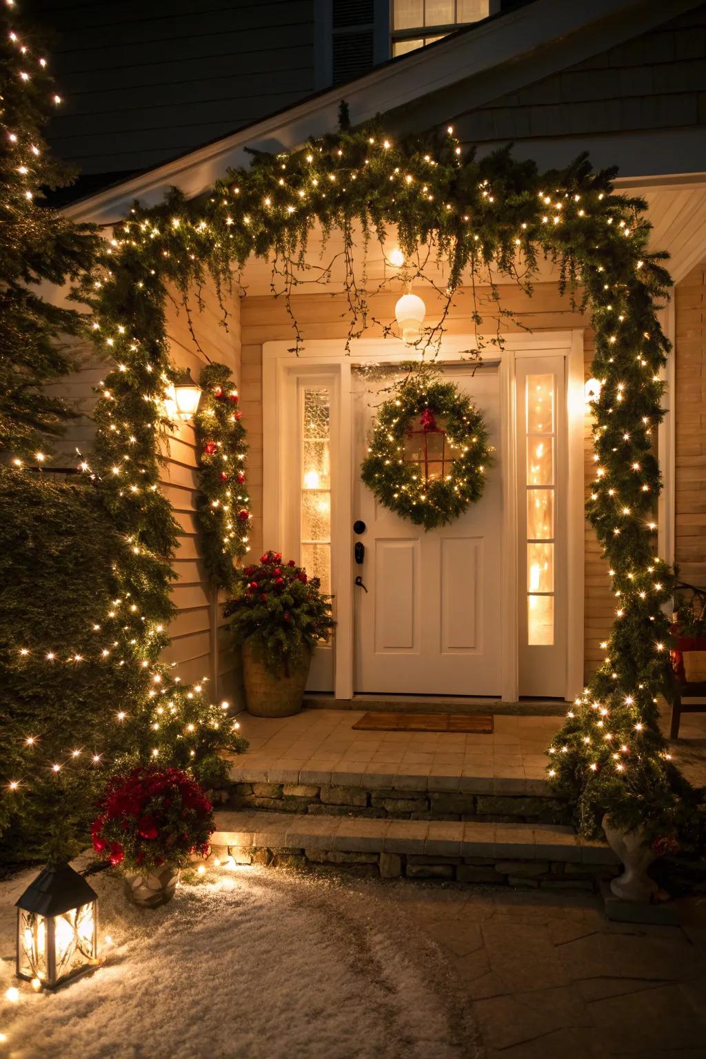 An inviting entryway featuring garlands and soft, white lights.