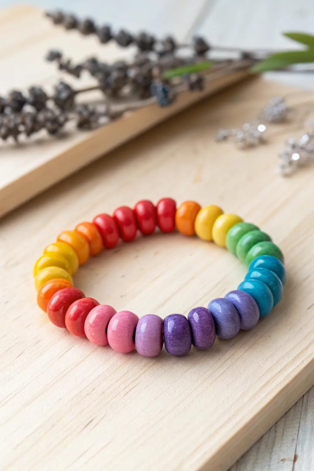 Delight in happiness with this radiant rainbow clay bead bracelet, where creativity meets vibrant color.