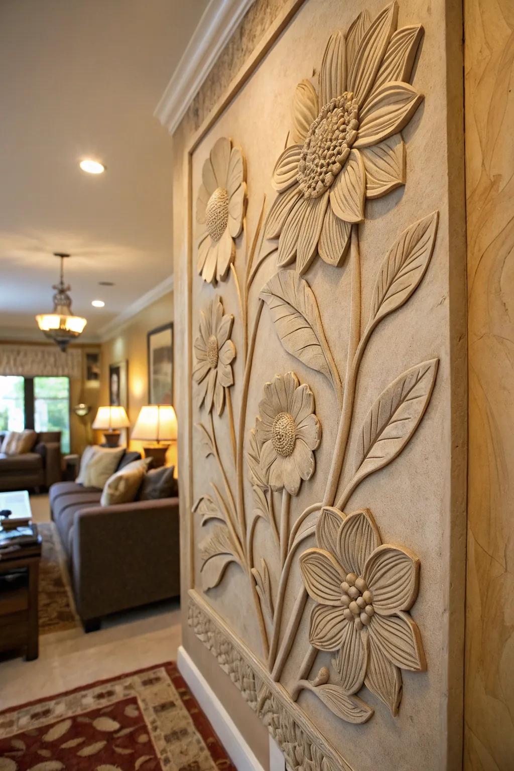 A vivid floral clay relief sculpture that introduces a natural element indoors.