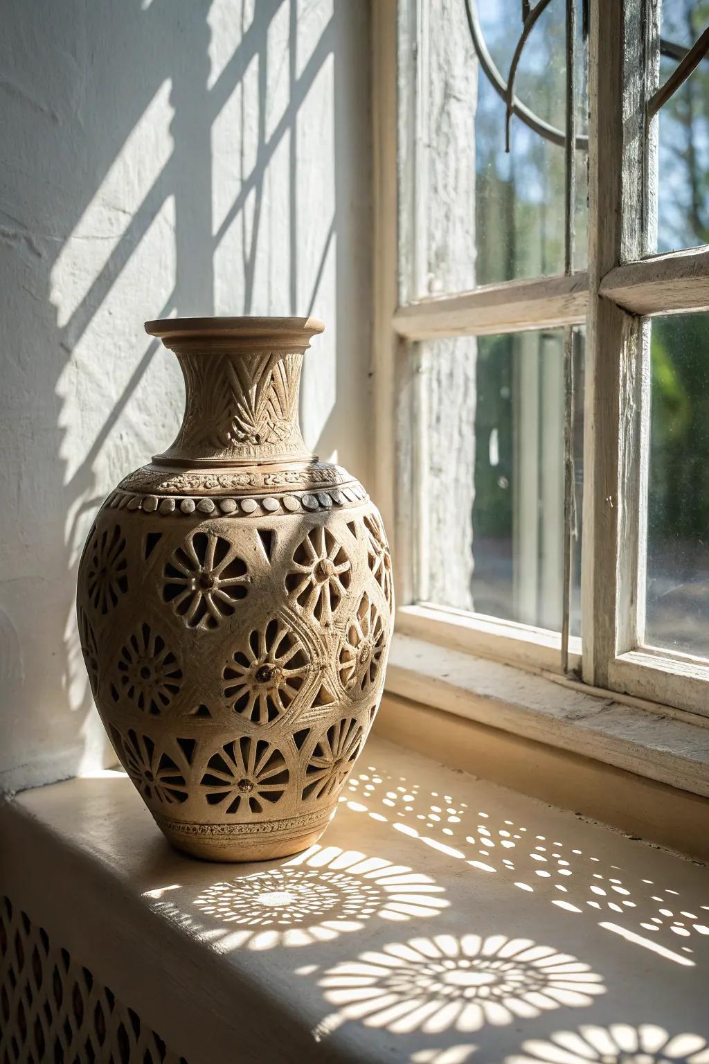 An earthenware flower holder featuring elaborate cut-through motifs that project captivating shadow formations.
