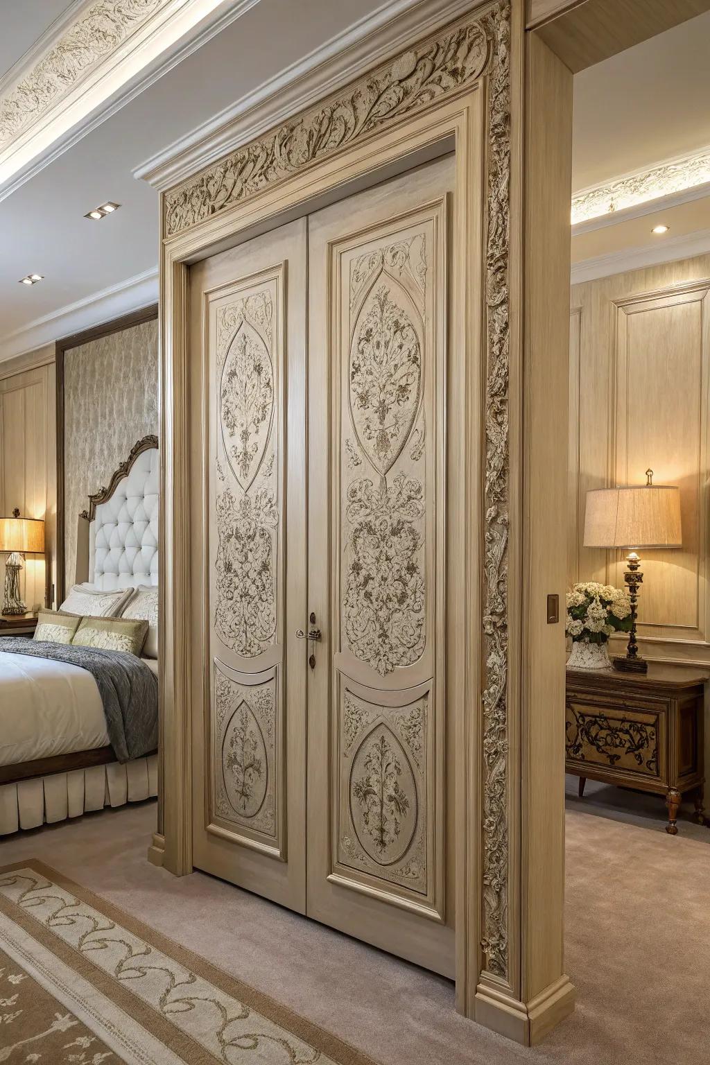 Intricate paneling adds a timeless elegance to closet doors.