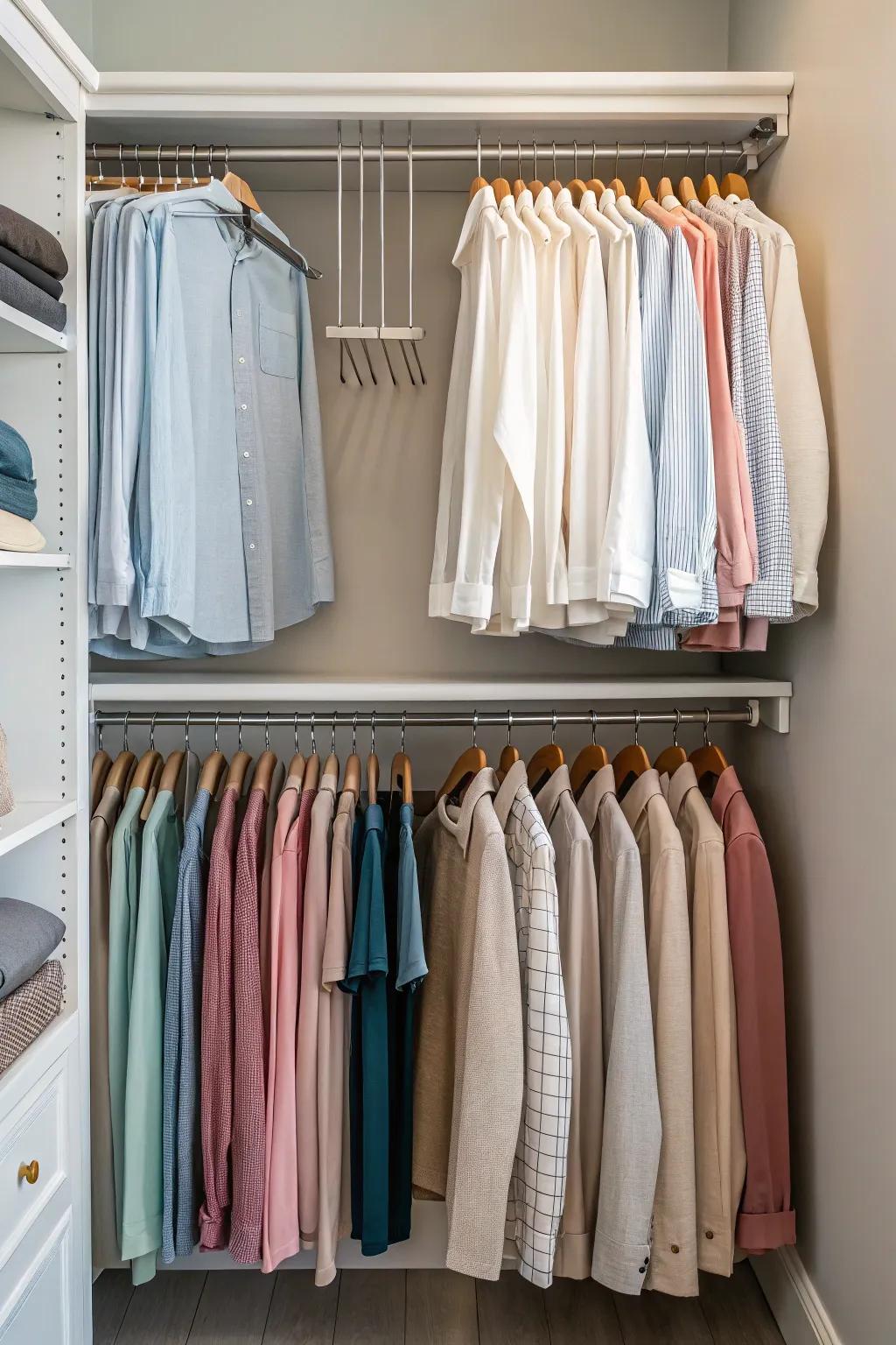 Double beams expertly utilize vertical space in any closet.