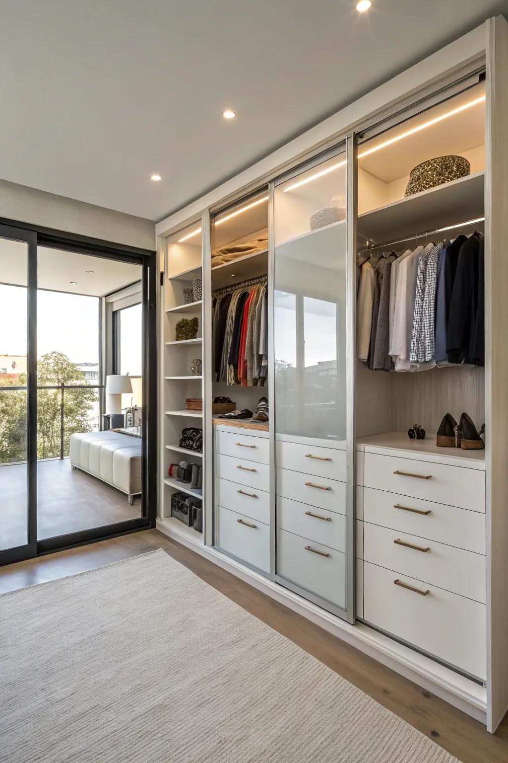 A custom-designed closet featuring a unified dresser for a seamless aesthetic.