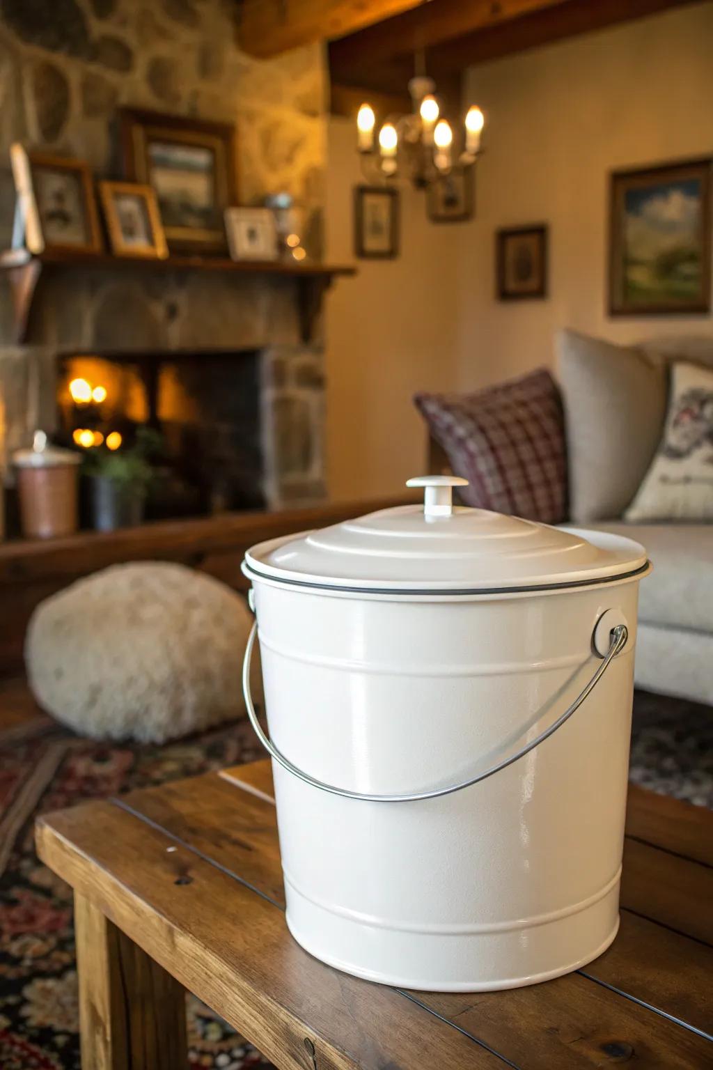 A traditional air container featuring a flip-top lid fits perfectly into a comfortable, inviting home setting.