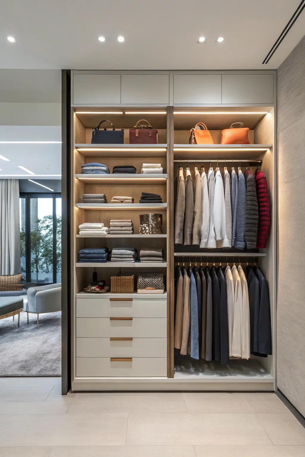 Exposed shelving transforms garments into a trendy ornamental element.