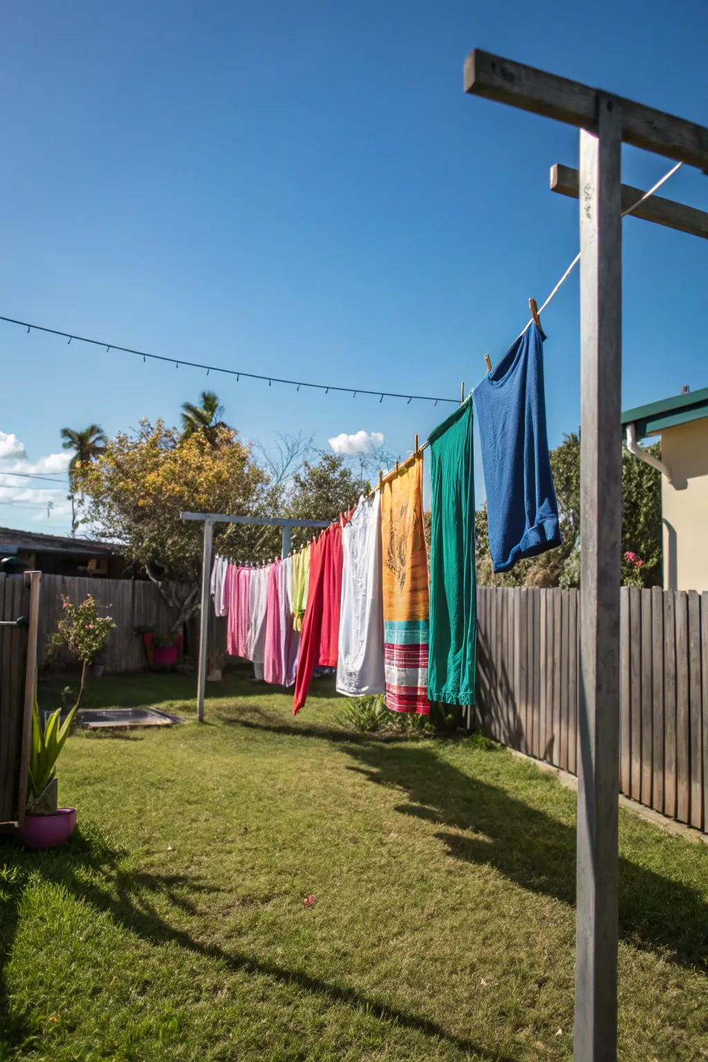 A classic outdoor clothesline with colorful clothes swaying in the breeze.