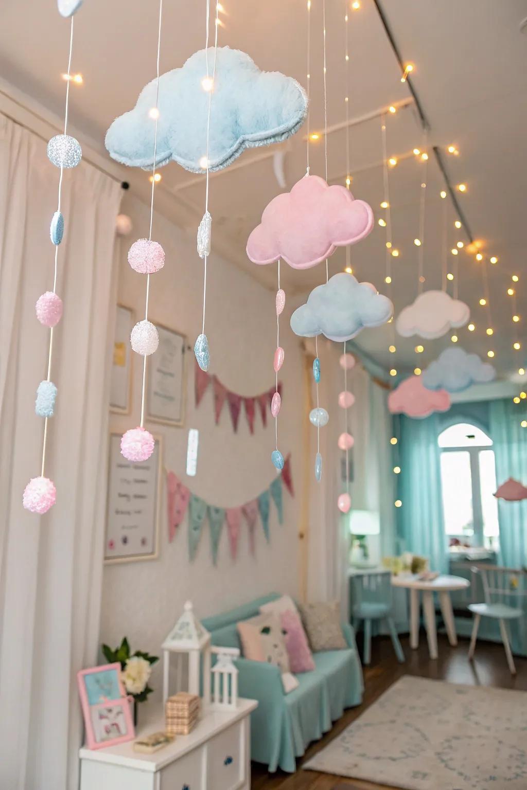 A room is magically changed into a dreamy skyscape with a soft cloud garland, creating an other-worldly atmosphere.