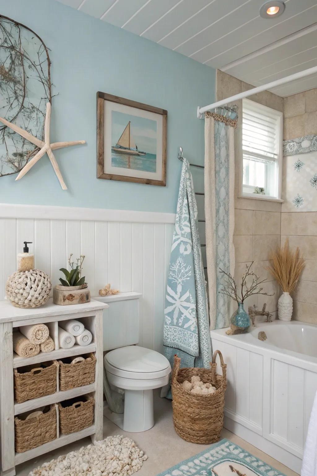 A soothing color scheme establishes a tranquil coastal mood.
