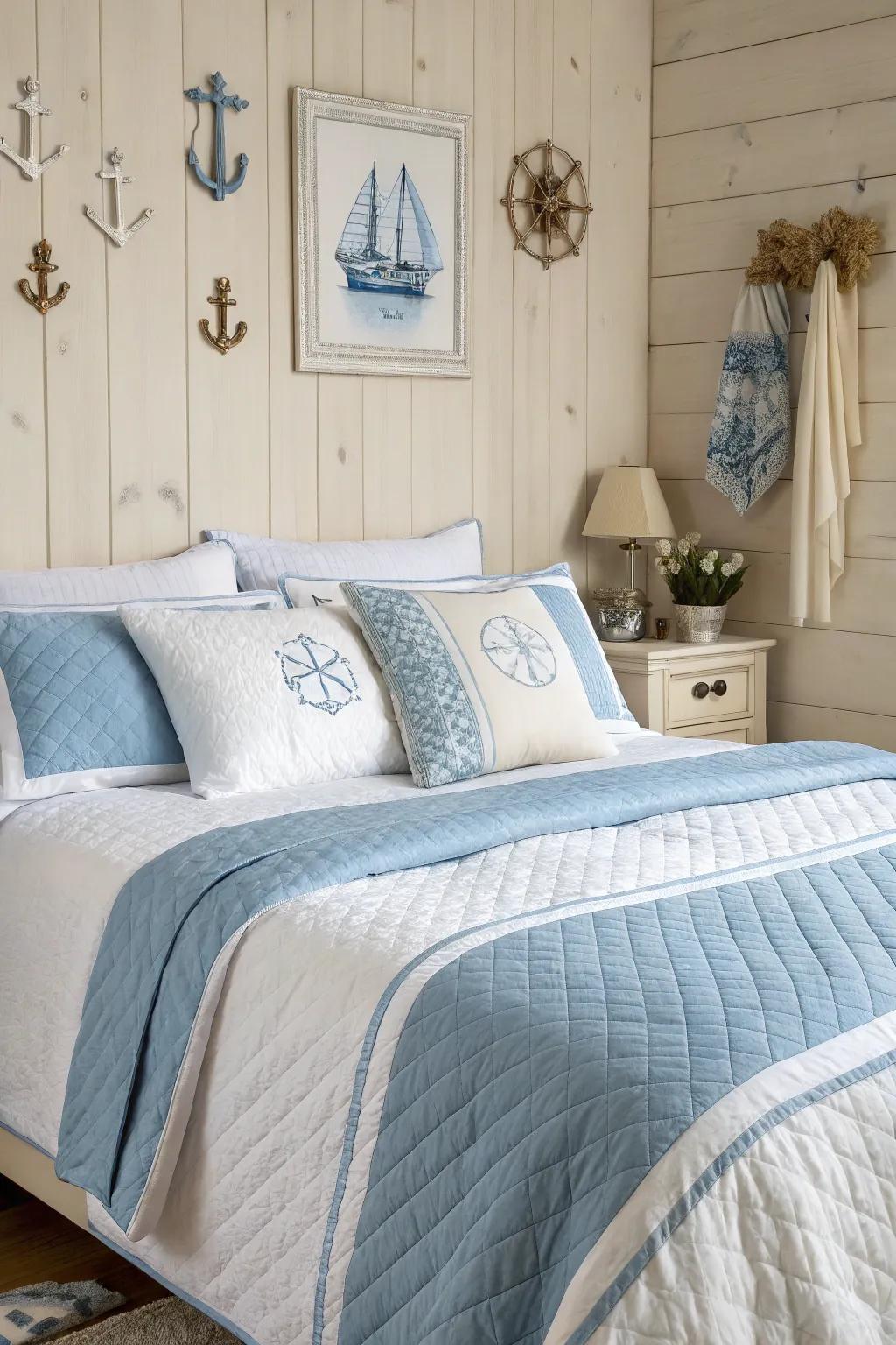 Gentle blues and whites set a calming coastal scene.