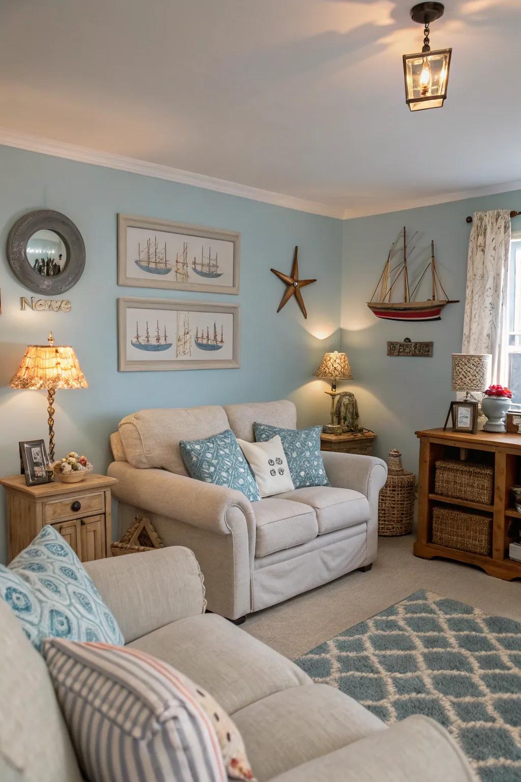 A living area enhanced with a calming blue color palette.
