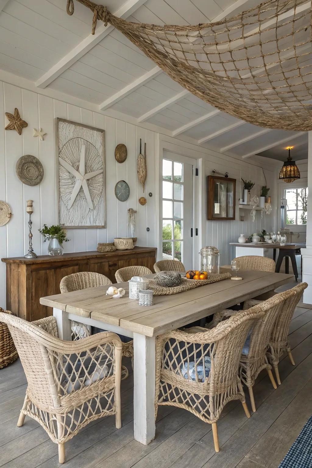 Natural textures like wicker and driftwood bring a coastal vibe to your dining space.