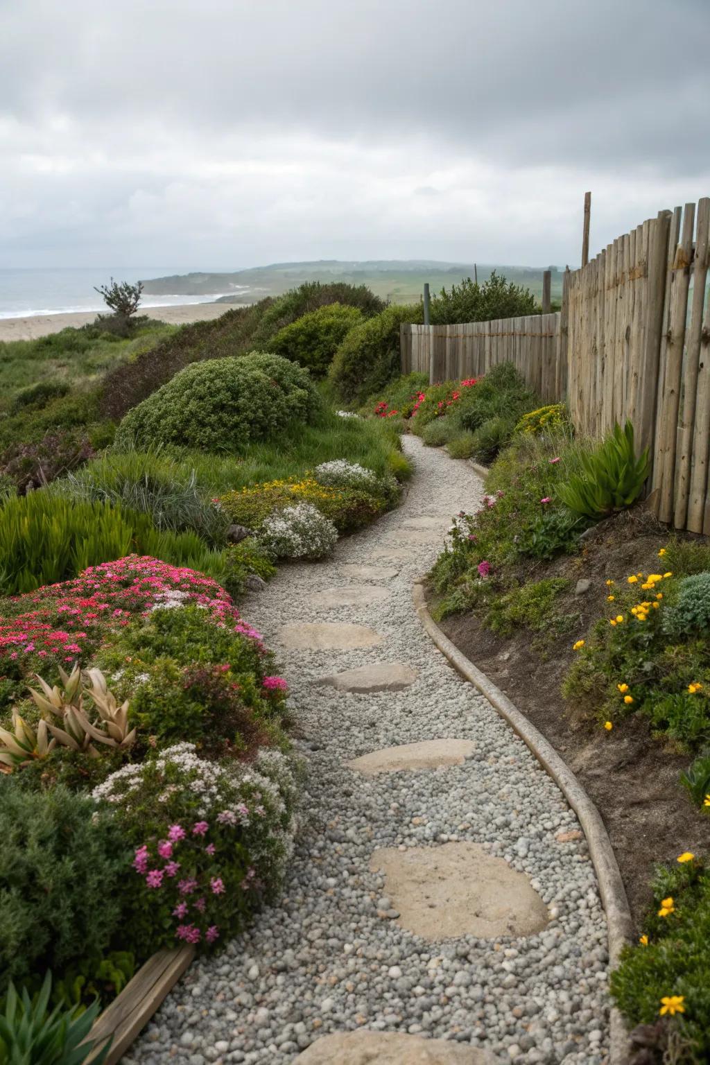 Pebble and stone walkways introduce both texture and appeal to seaside gardens.