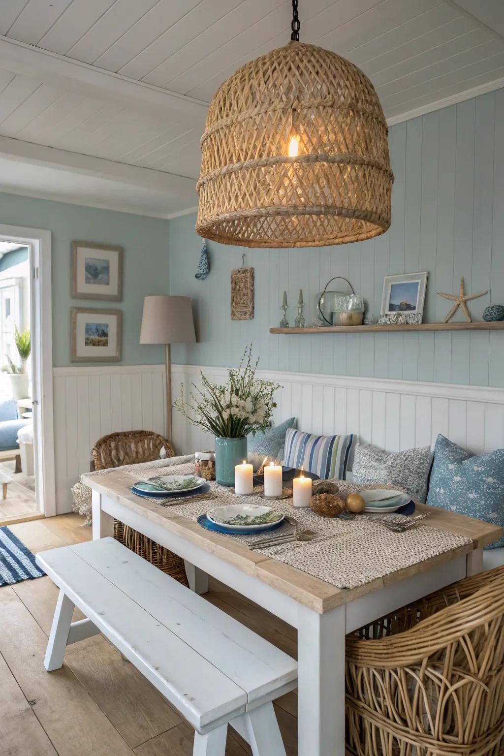 Woven pendants softly illuminate your dining space with a coastal essence.