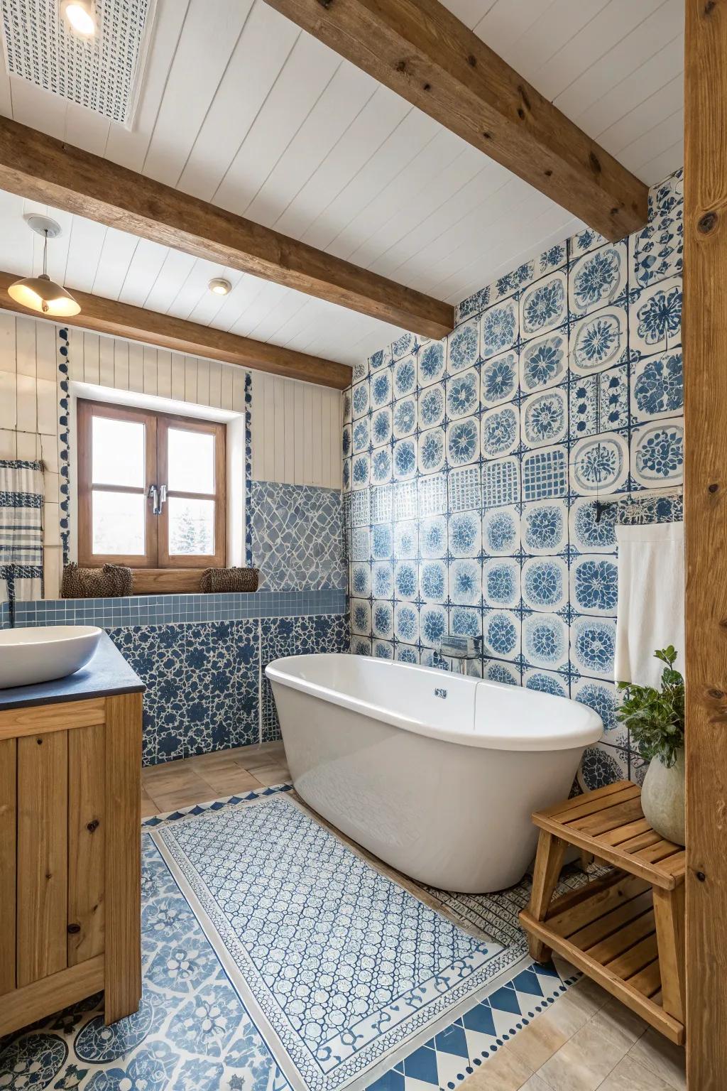 Immerse yourself in the timeless coastal appeal with a blue and white tile scheme.