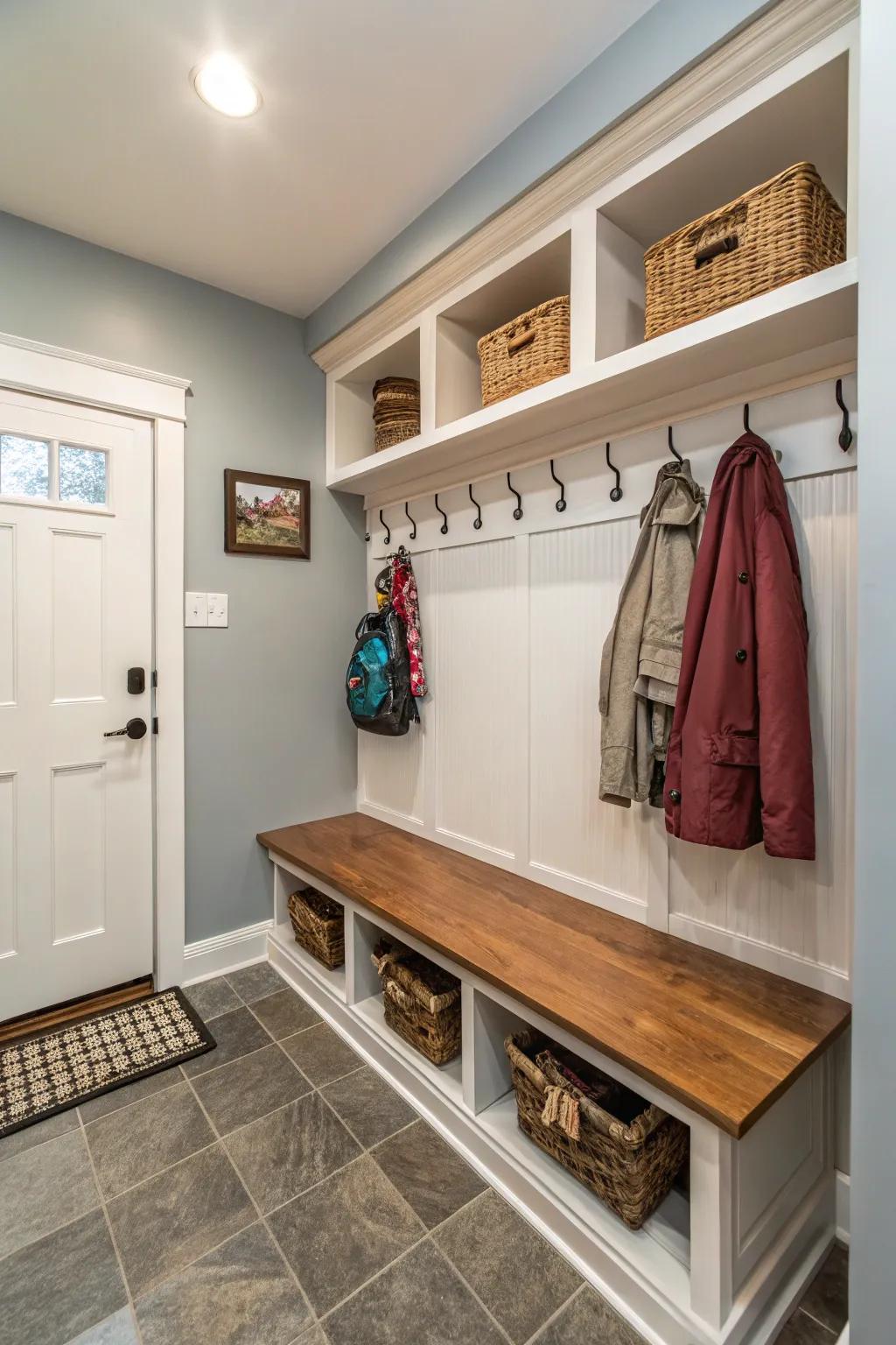 A tight corner gracefully transformed into a practical mudroom.