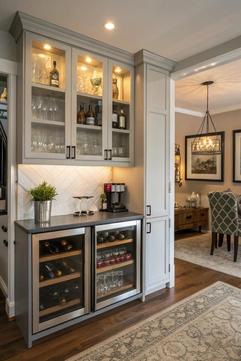 A sleek dual-purpose cabinet that stores both coffee and wine essentials.