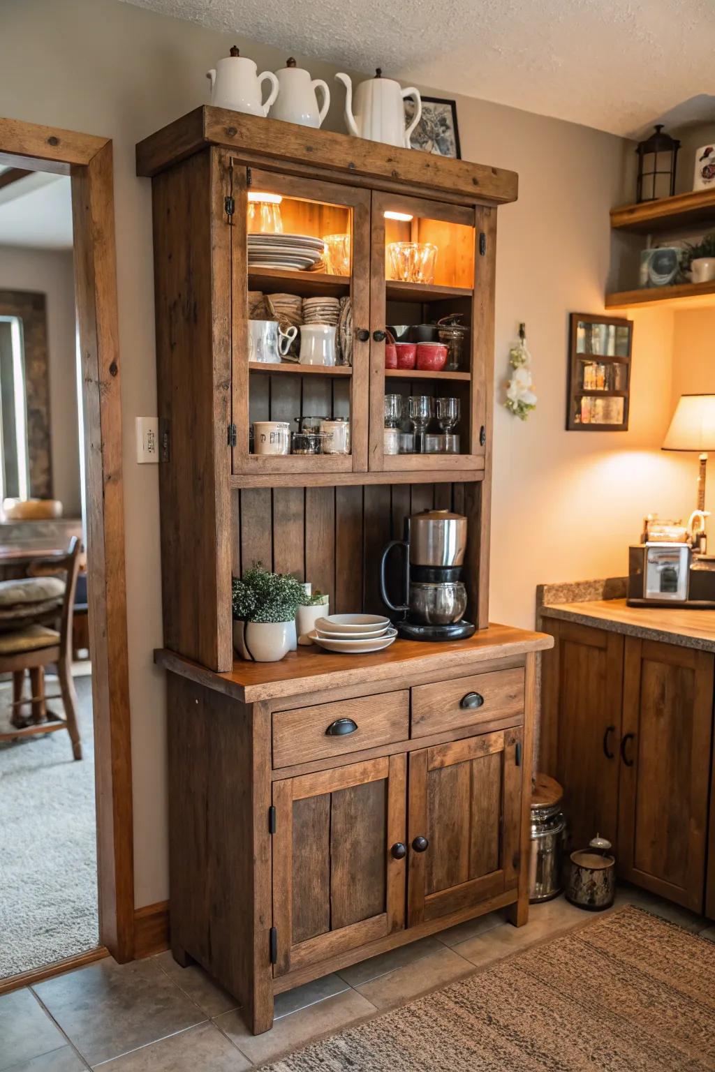 A rustic wood cabinet imparting warmth and charm to your cooking space.
