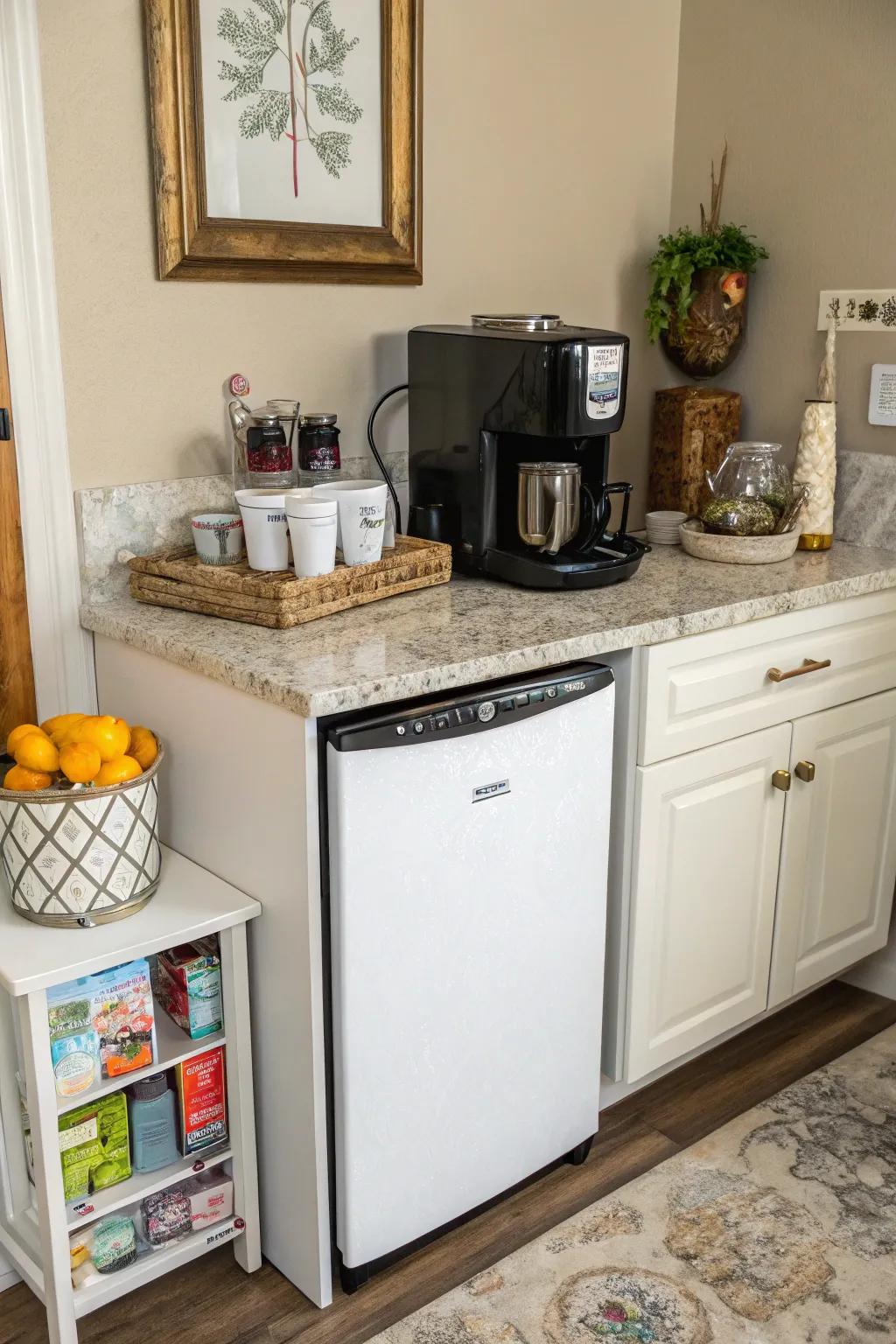A space-saving coffee station nestled in a welcoming kitchen nook.