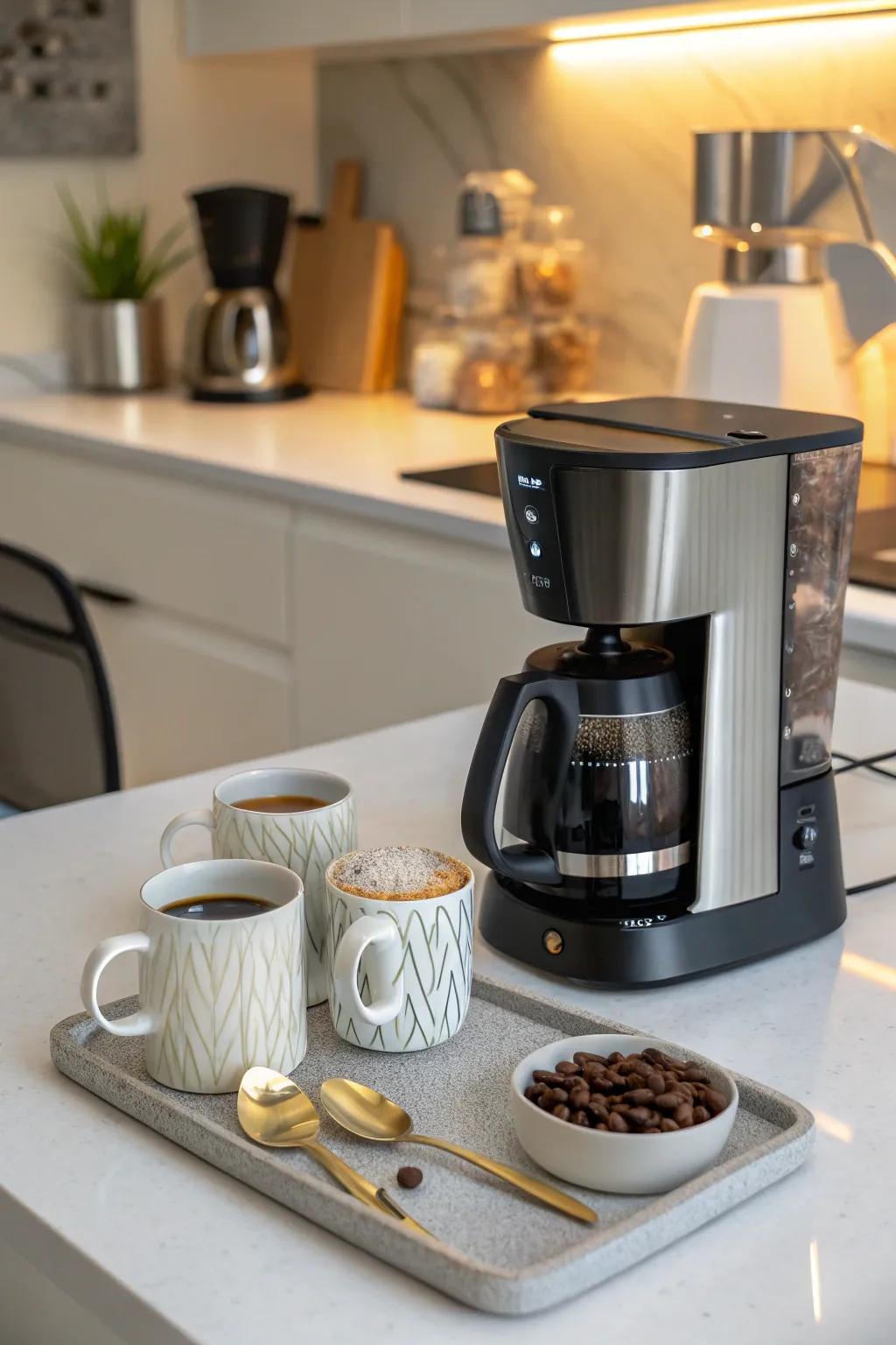 An elegant and well-organized countertop coffee area.