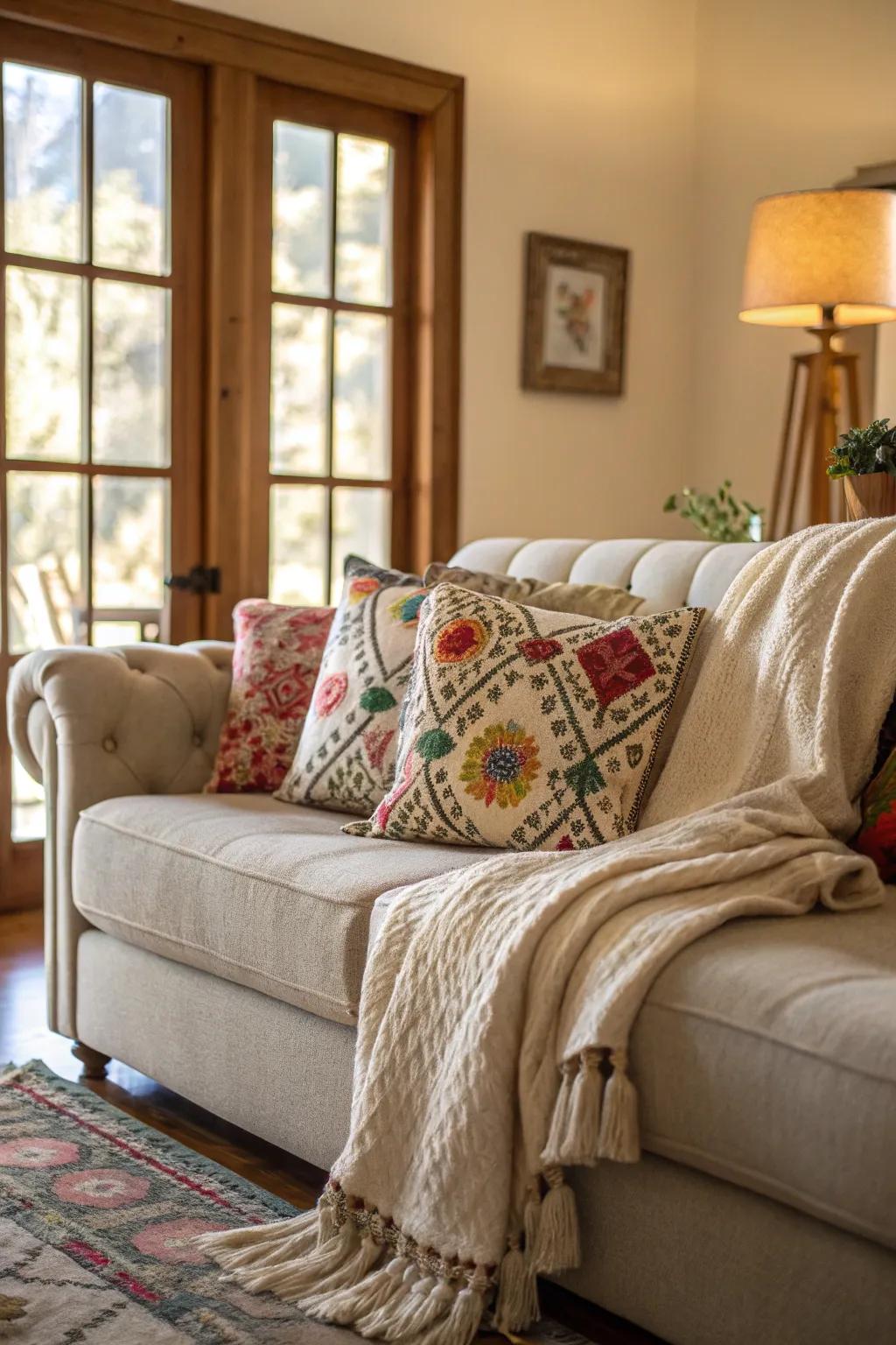 A cozy seating area with a stylish sofa, vibrant pillows, and a soft throw blanket.