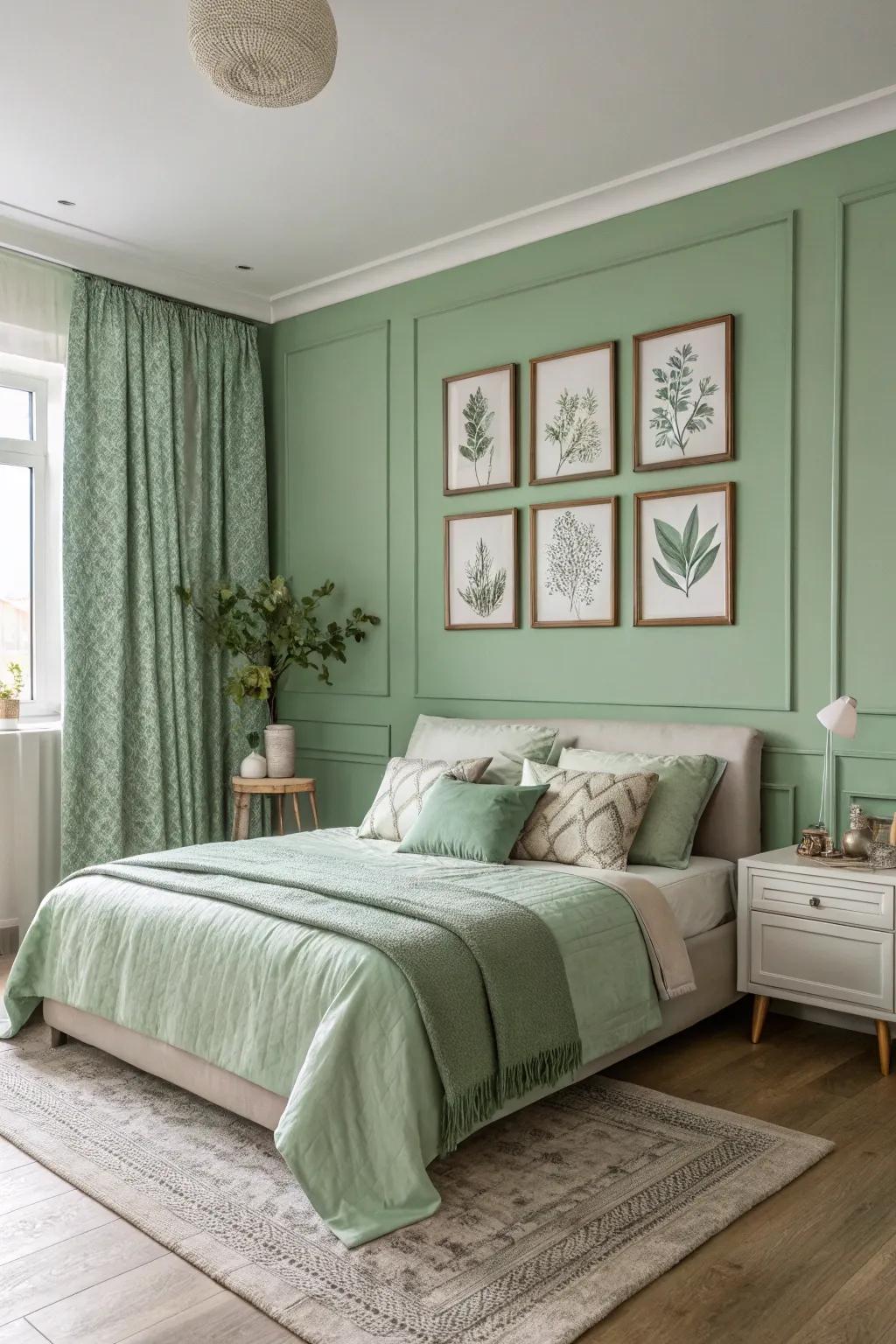 A unified sage green bedroom demonstrates the monochromatic elegance of color immersion.