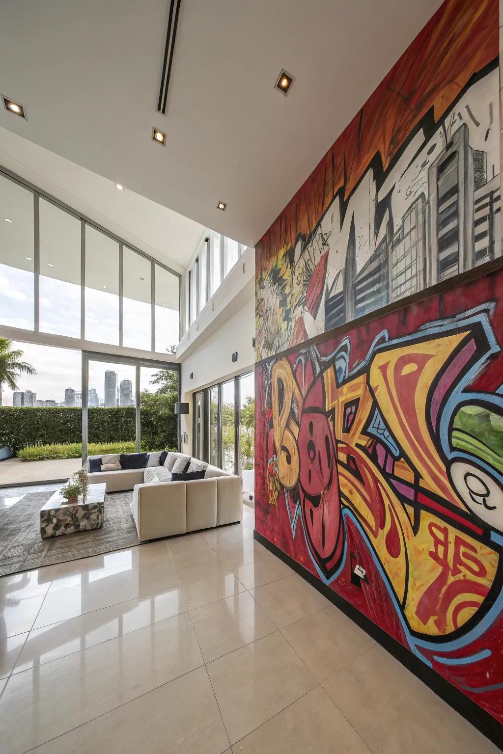 A modern home showcasing a wall alive with striking and vivid graffiti colors.