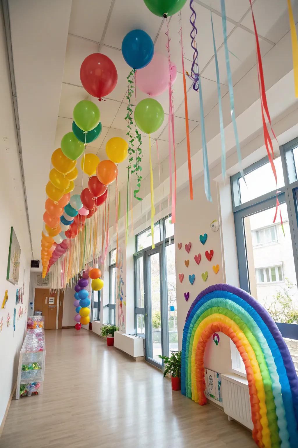 A space transformed with multicolored streamers and balloons.