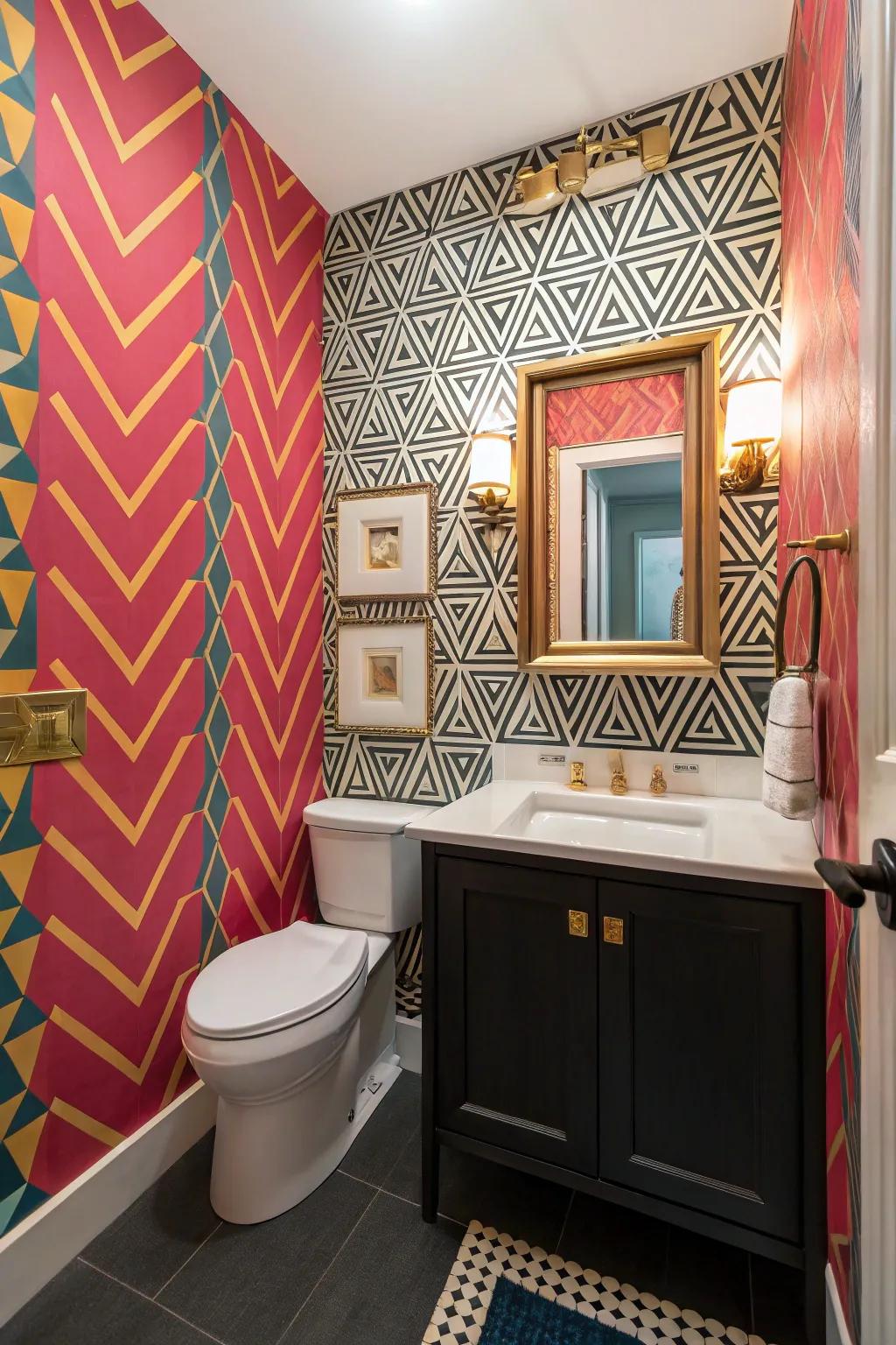 A powder room is decorated with bold geometric wallpaper, adding a vibrant accent.