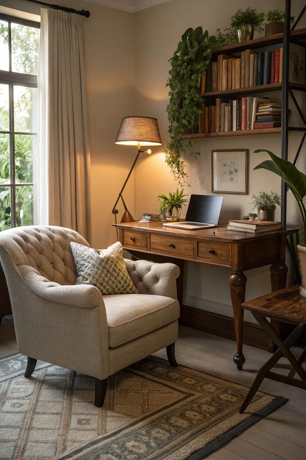 Effortless transition from leisure to productivity with a desk tucked neatly behind the sofa.