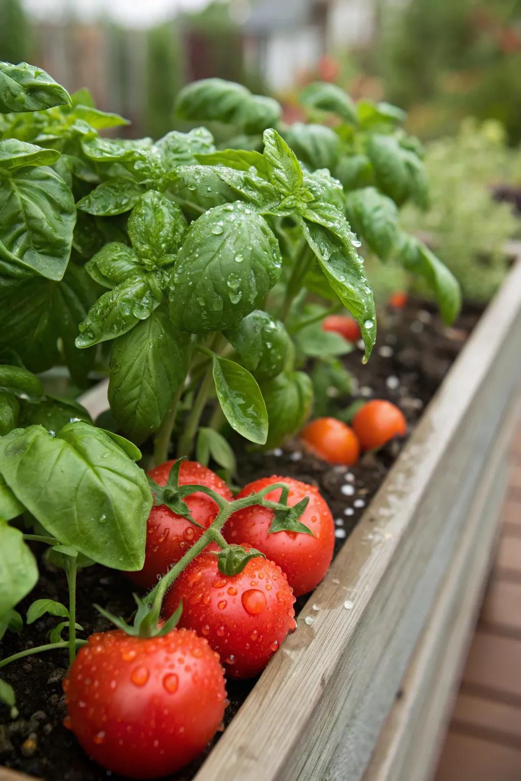The energetic growth of tomatoes and basil, a match made in heaven for any garden.