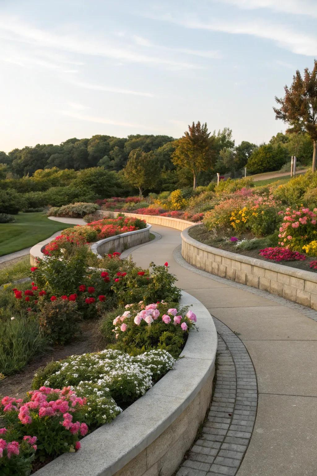 Curved concrete edges smoothly connect different areas of the landscape.
