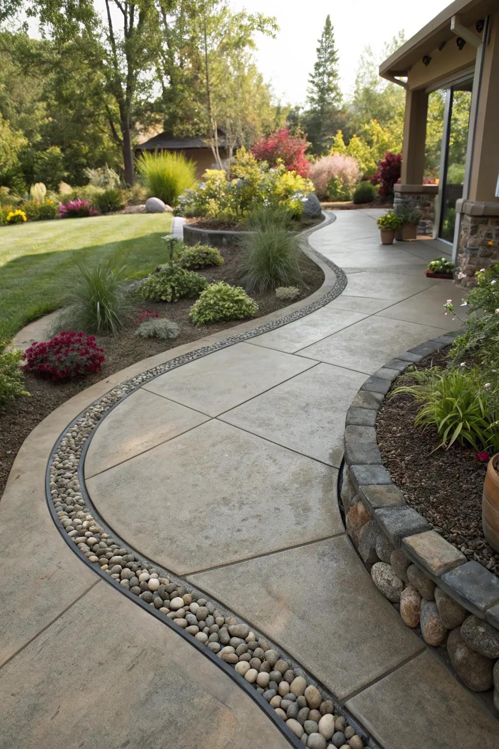 Curved stone borders bring a liquid grace and sophistication to a concrete patio.