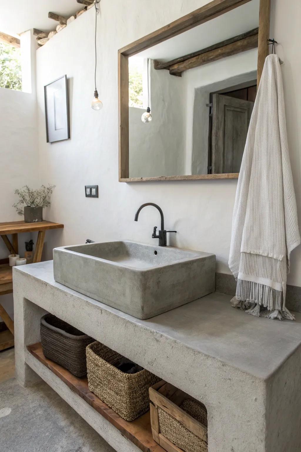 Sleek concrete sink featured in a minimalist bathroom.