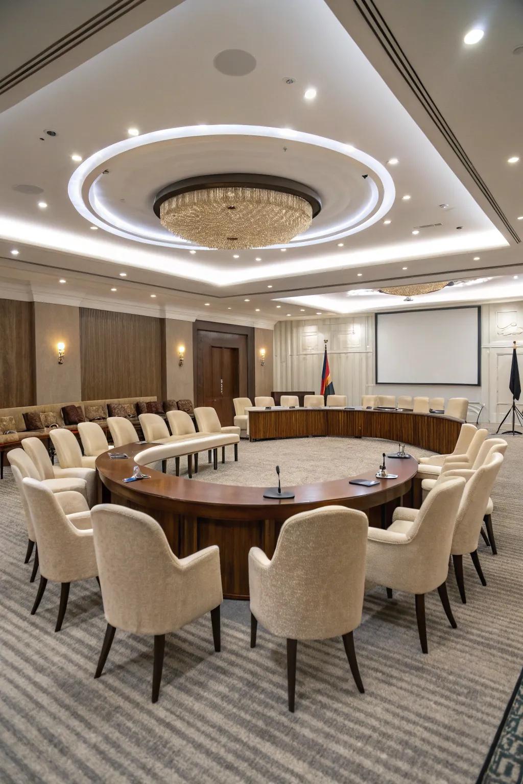 Circular seating nurtures inclusivity and lively interactions.