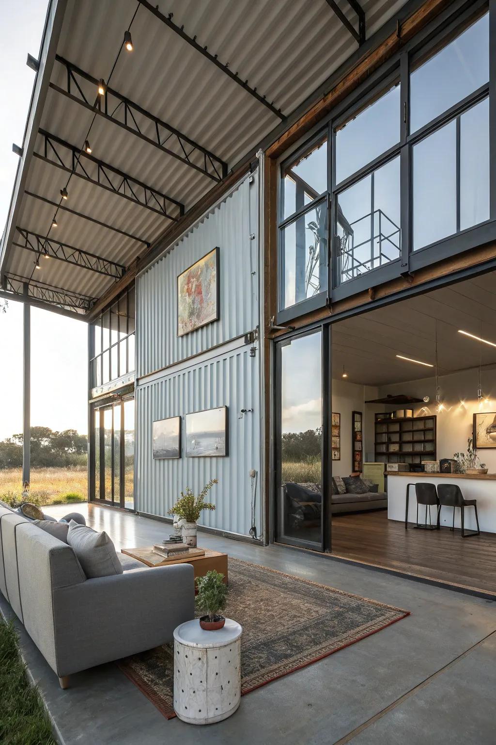 Open living space inside a container home featuring a smooth transition between indoor and outdoor settings.