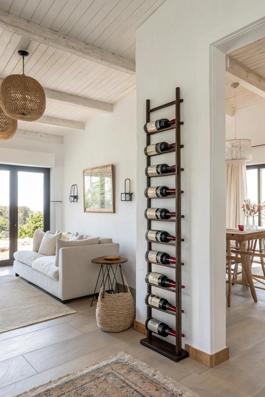 A minimalist wall wine rack adds understated elegance.